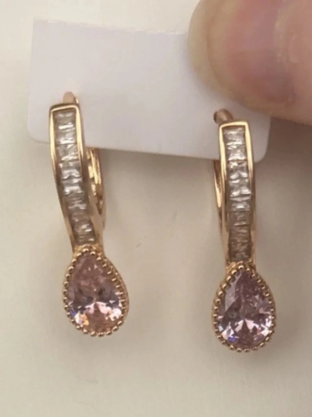 Rose Gold Plated Pink CZ Teardrop Dangle Hoop Earrings Baguette Accent - Picture 4 of 7
